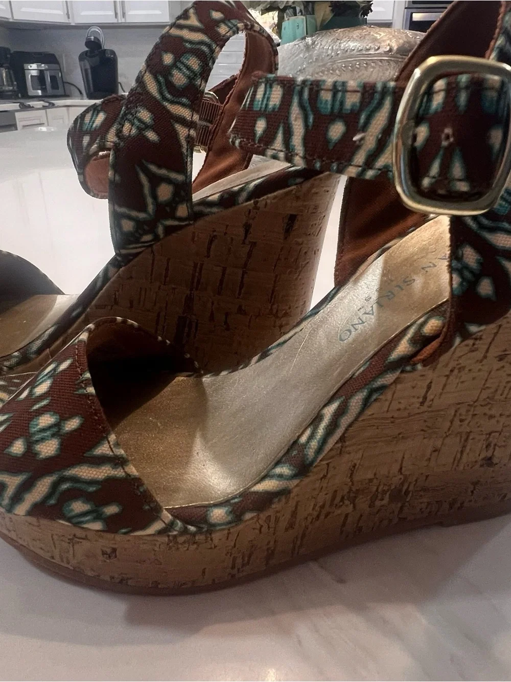 Christian Siriano Brown and Teal Patterned Ankle-Strap Sandals